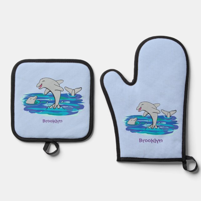 Adorable happy dolphins cartoon illustration oven mitt & pot holder set (Front)