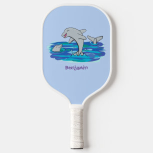 Adorable happy dolphins cartoon illustration  pickleball paddle