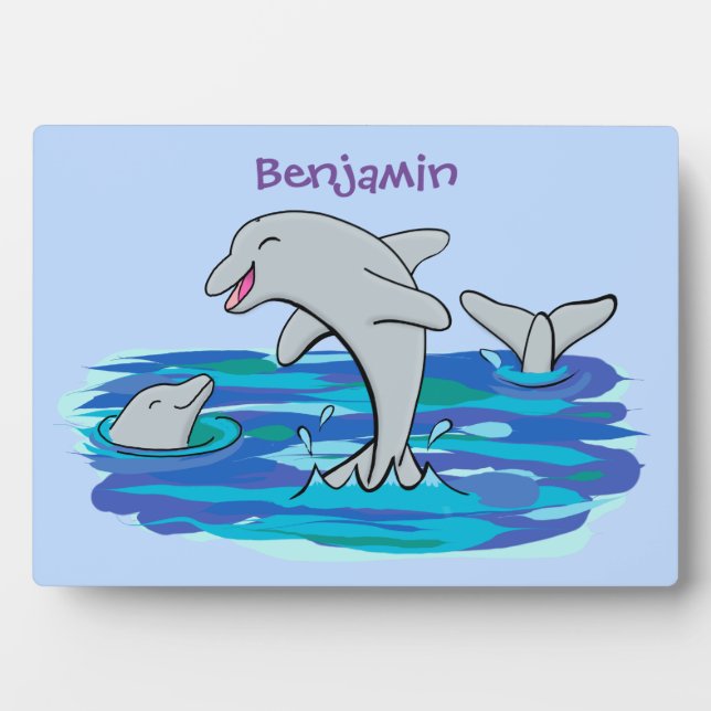 Adorable happy dolphins cartoon illustration plaque (Front)