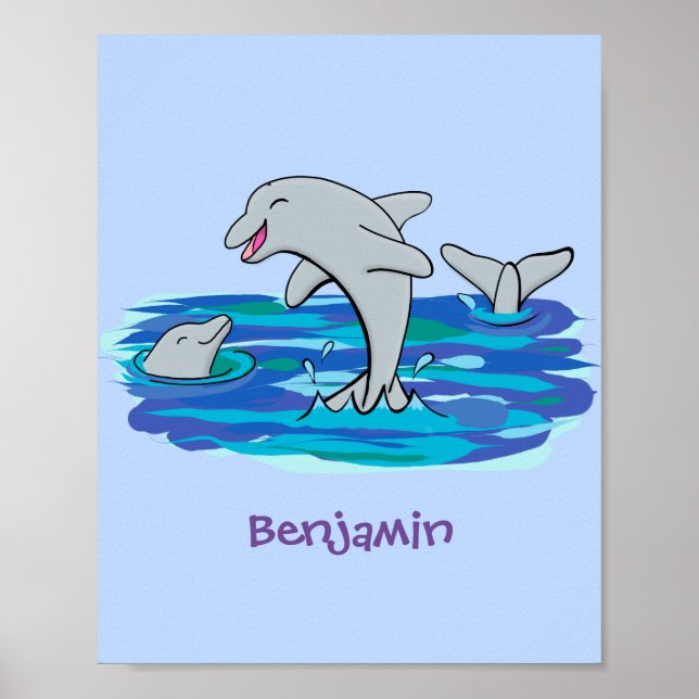 Adorable happy dolphins cartoon illustration poster (Front)