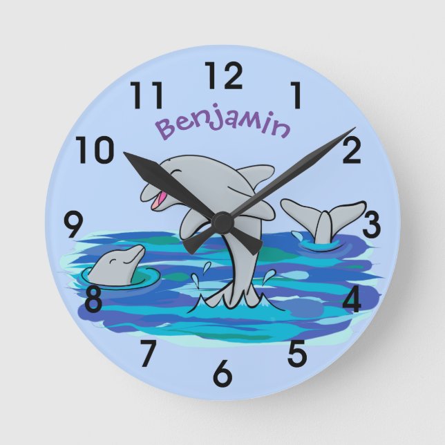 Adorable happy dolphins cartoon illustration round clock (Front)