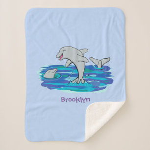Adorable happy dolphins cartoon illustration sherpa blanket