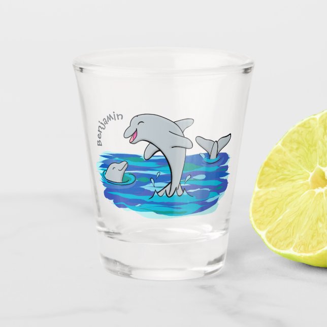 Adorable happy dolphins cartoon illustration  shot glass (Front)