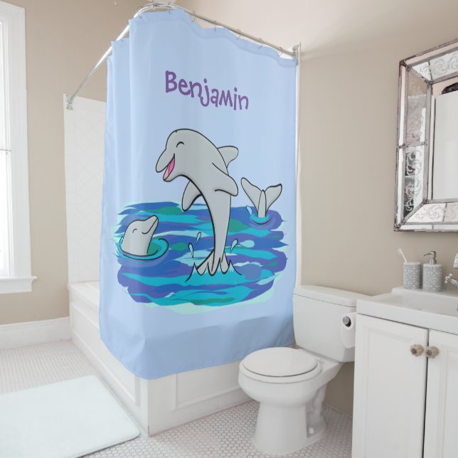 Adorable happy dolphins cartoon illustration shower curtain (In Situ)
