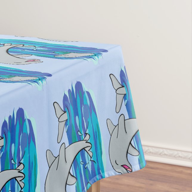 Adorable happy dolphins cartoon illustration tablecloth (In Situ)