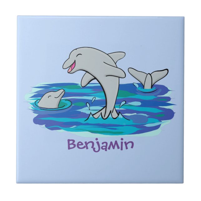 Adorable happy dolphins cartoon illustration tile (Front)