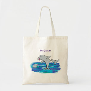 Adorable happy dolphins cartoon illustration tote bag