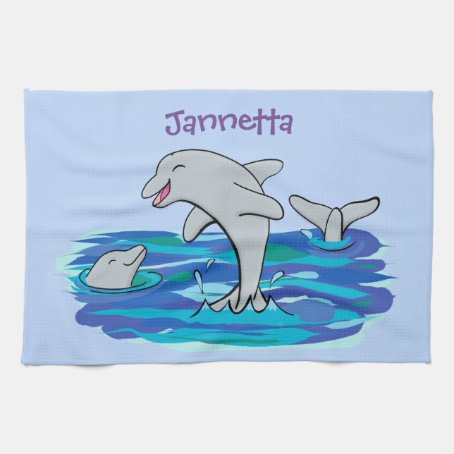 Adorable happy dolphins cartoon personalised tea towel (Horizontal)