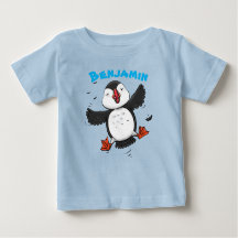 Adorable, happy flying puffin cartoon illustration
