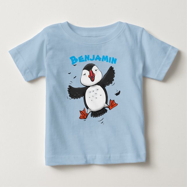 Adorable, happy flying puffin cartoon illustration baby T-Shirt (Front)