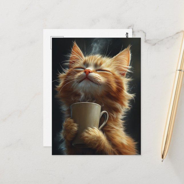Adorable Happy Ginger Kitten With a Coffee Postcard (Front/Back In Situ)