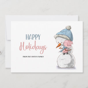 Adorable Happy Holidays Snowman Pig  Holiday Card