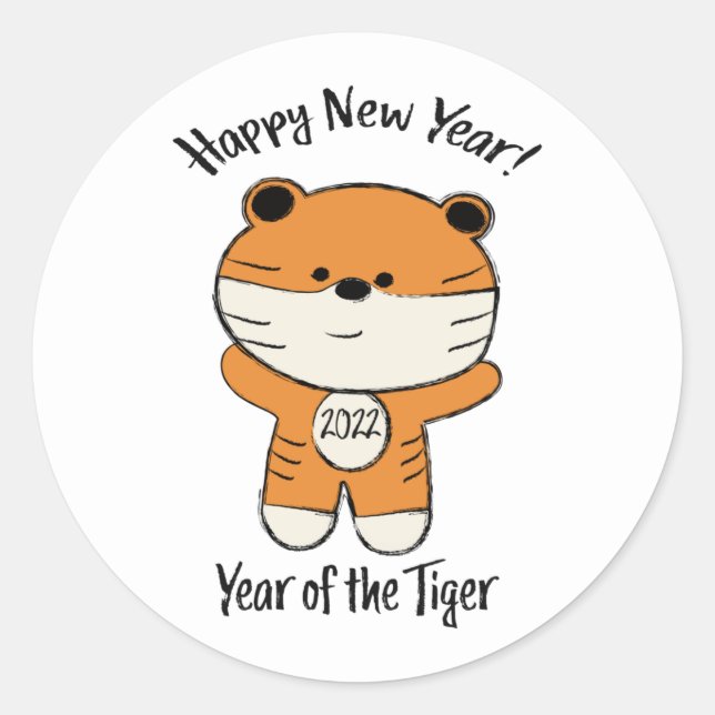 Adorable Happy New Year 2022 Year of the Tiger Classic Round Sticker (Front)