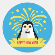 Adorable Happy New Year Penguin with Fireworks