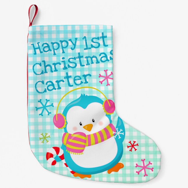 Adorable Happy Penguin Modern Baby 1st Christmas Small Christmas Stocking (Front)