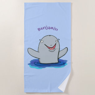Adorable happy porpoise cartoon illustration beach towel