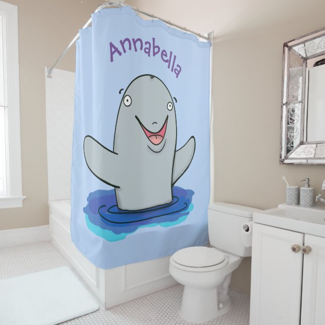 Adorable happy porpoise cartoon illustration shower curtain (In Situ)