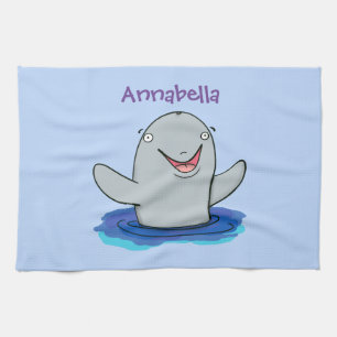 Adorable happy porpoise cartoon illustration tea towel