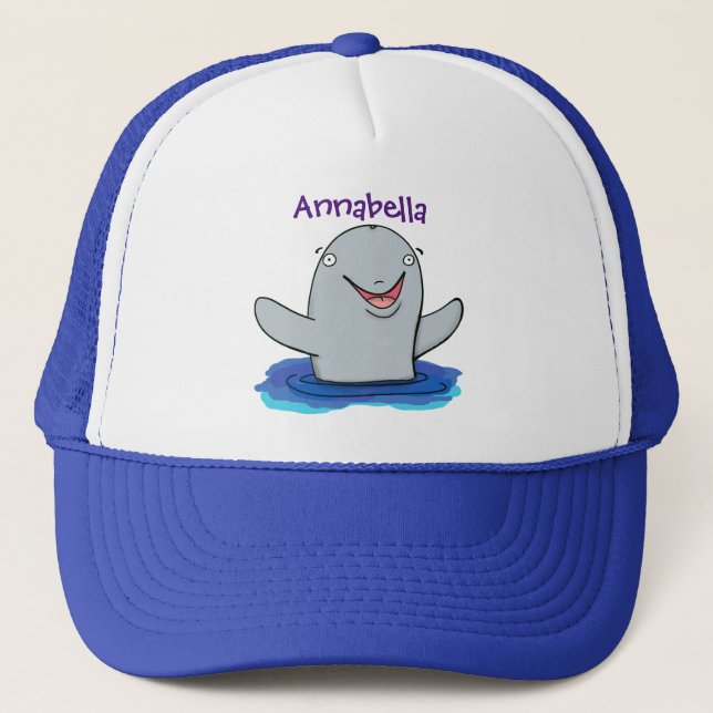 Adorable happy porpoise cartoon illustration trucker hat (Front)