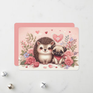 Adorable Hedgehog and Pug Valentine’s Day Card