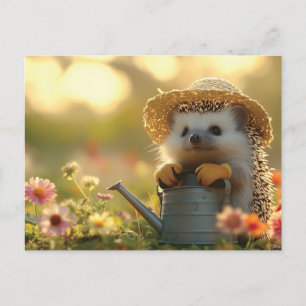 Adorable Hedgehog Gardener in a Flower Field Holiday Postcard