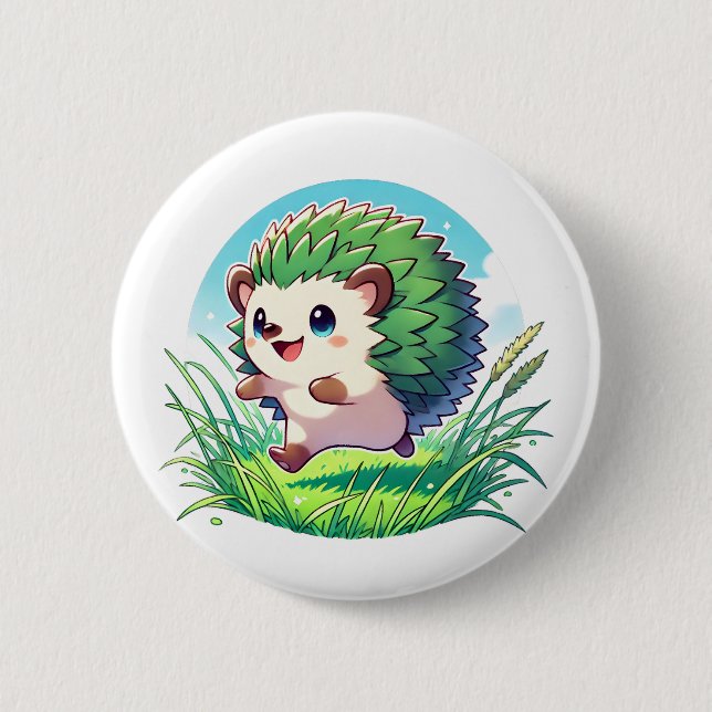 Adorable hedgehog happily running 6 cm round badge (Front)