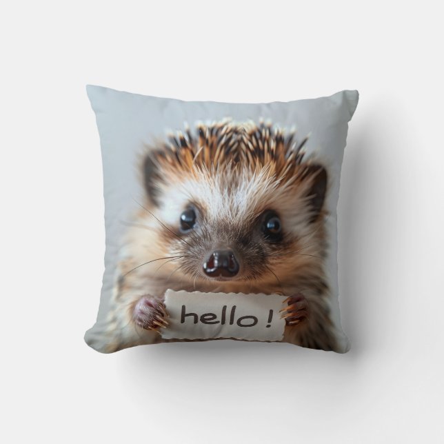 Adorable Hedgehog Holding "Hello!" Sign Cushion (Front)