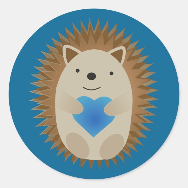 Adorable Hedgehog hugging a Blue Heart Classic Round Sticker (Front)