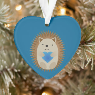 Adorable Hedgehog hugging a Blue Heart Ornament
