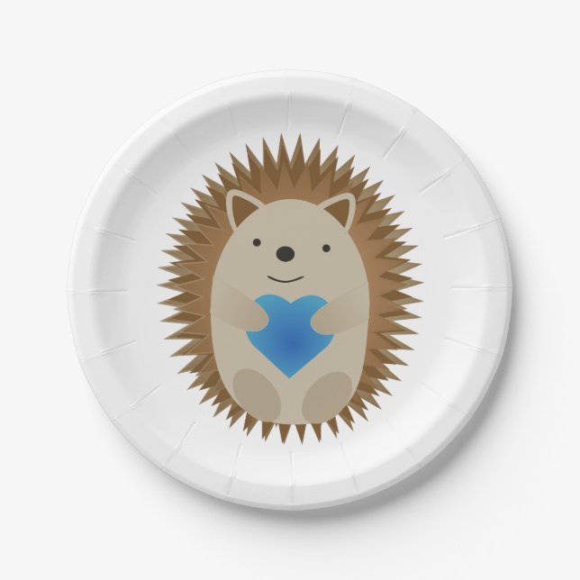 Adorable Hedgehog hugging a Blue Heart Paper Plate (Front)