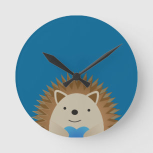 Adorable Hedgehog hugging a Blue Heart Round Clock
