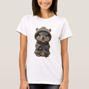 Adorable Hedgehog in Brown Knitted Hoodie T-Shirt