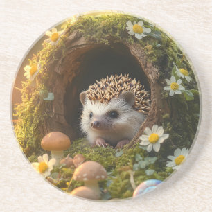 Adorable Hedgehog in Mossy Log Home with Flowers Coaster
