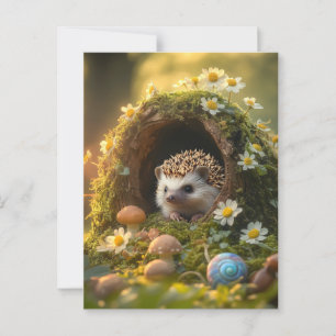 Adorable Hedgehog in Mossy Log Home with Flowers Postcard