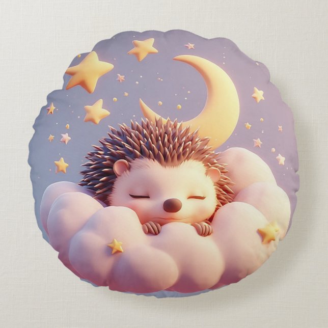 Adorable Hedgehog Sleeping on a Cloud Round Cushion (Front)