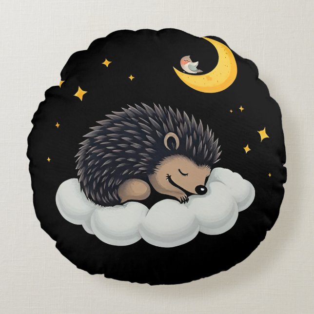 Adorable Hedgehog Sleeping on a Cloud Round Cushion (Front)