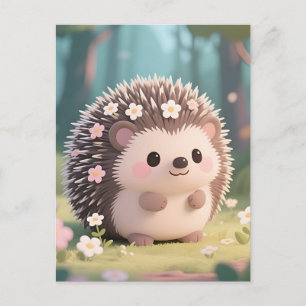 Adorable Hedgehog with Flowers Kawaii Forest Postcard