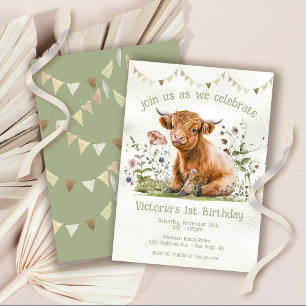 Adorable Highland Cow 1st Birthday Party Invitation