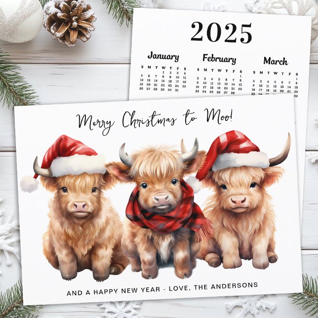 Adorable Highland Cow 2025 Calendar Christmas Holiday Card (Creator Uploaded)