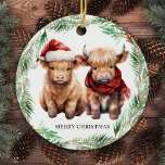 Adorable Highland Cow Calf Farm Merry Christmas  Ceramic Tree Decoration<br><div class="desc">This Christmas, send your warmest wishes to your loved ones with our adorable Highland Cow Christmas cards! Featuring a cute trio of a Highland calves, all decked out in festive attire, these cards are sure to bring a smile to anyone's face. Cow wearing a Santa hat and plaid winter scarf,...</div>