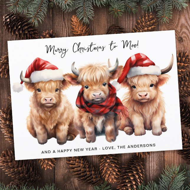 Adorable Highland Cow Calf Merry Christmas to MOO Holiday Card (Creator Uploaded)