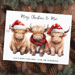 Adorable Highland Cow Calf Merry Christmas to MOO Holiday Postcard<br><div class="desc">This Christmas, send your warmest wishes to your loved ones with our adorable Highland Cow Christmas cards! Featuring a cute trio of a Highland calves, all decked out in festive attire, these cards are sure to bring a smile to anyone's face. Cow wearing a Santa hat and plaid winter scarf,...</div>