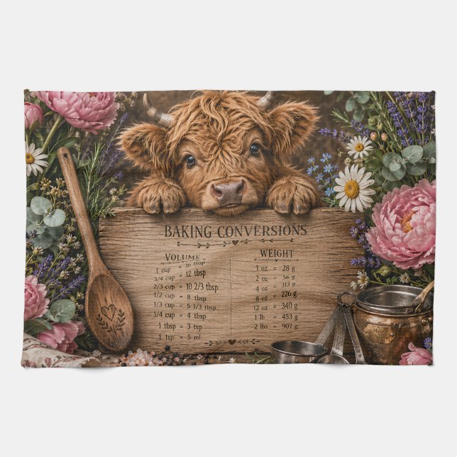 Adorable Highland Cow Conversion Chart Tea Towel (Horizontal)