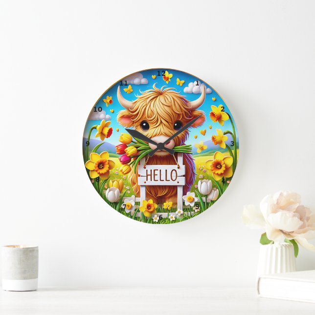 Adorable Highland Cow Spring Floral  Large Clock (Home)