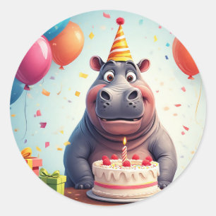 Adorable Hippo Celebrating Birthday with Cake Classic Round Sticker