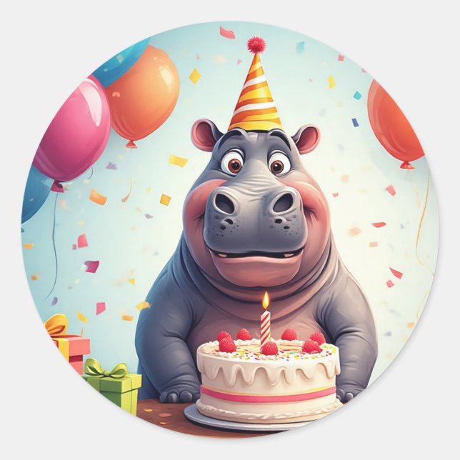 Adorable Hippo Celebrating Birthday with Cake Classic Round Sticker (Front)