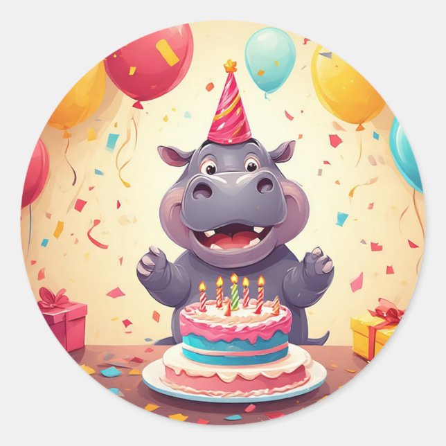 Adorable Hippo Celebrating Birthday with Cake Classic Round Sticker (Front)
