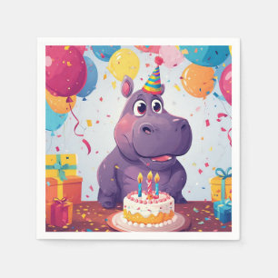 Adorable Hippo Celebrating Birthday with Cake Napkin