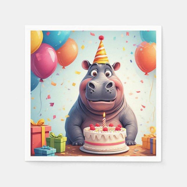 Adorable Hippo Celebrating Birthday with Cake Napkin (Front)