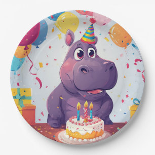 Adorable Hippo Celebrating Birthday with Cake Paper Plate
